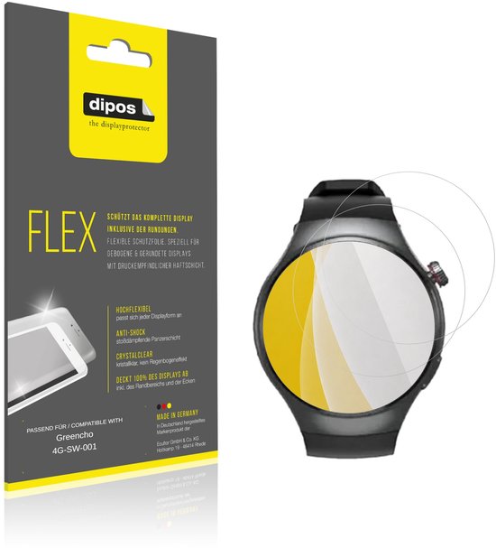 Verpakking met "FLEX" en "dipos" logo. Zwarte smartwatch met screenprotector en "MADE IN GERMANY" label.