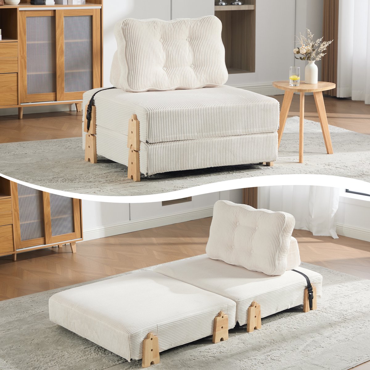 Cord Fauteuil Slaapbank - Uitklapbaar tot eenpersoonsbed - Opklapbare rugleuning - Houten poten - Modern Scandinavisch design - Comfortabele beige cord stof