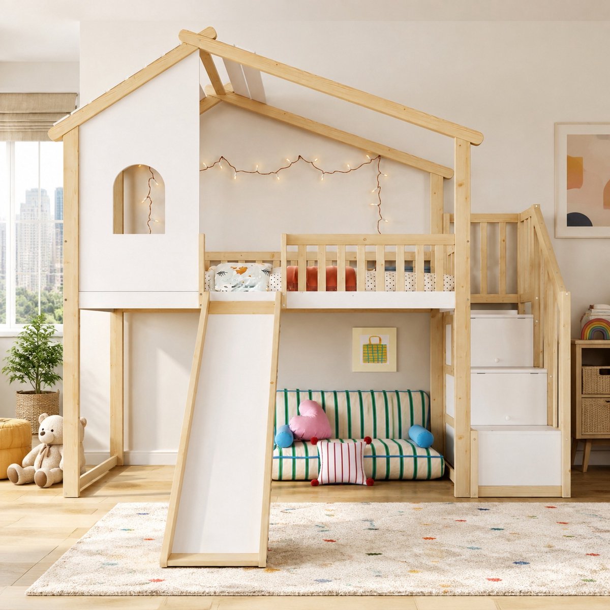 COVREO Hoogslaper met glijbaan – 90x200 cm – Kinderbed met opbergtrap en huisvorm – voor kinderkamer – Naturel wit - zonder matras