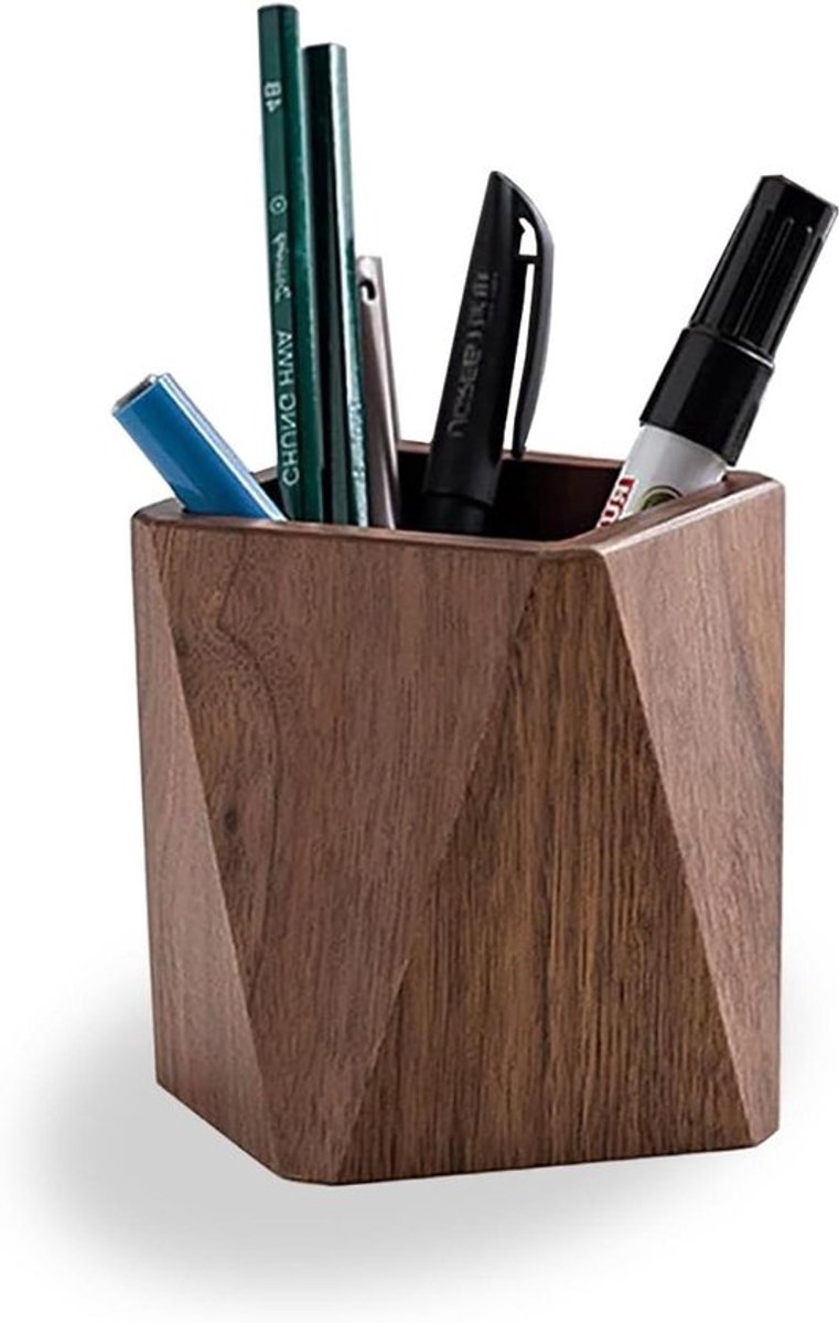 Houten potloodhouder organizer met walnoothouten afwerking voor kantoor en make-up