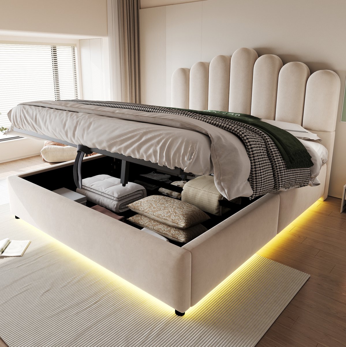 REDOM - Opklapbed - Hydraulische opbergruimte - LED-verlichting - Gepolsterd hoofdbord - Moderne stijl - Slaapkamer - Stof - Beige - 140 x 200 cm