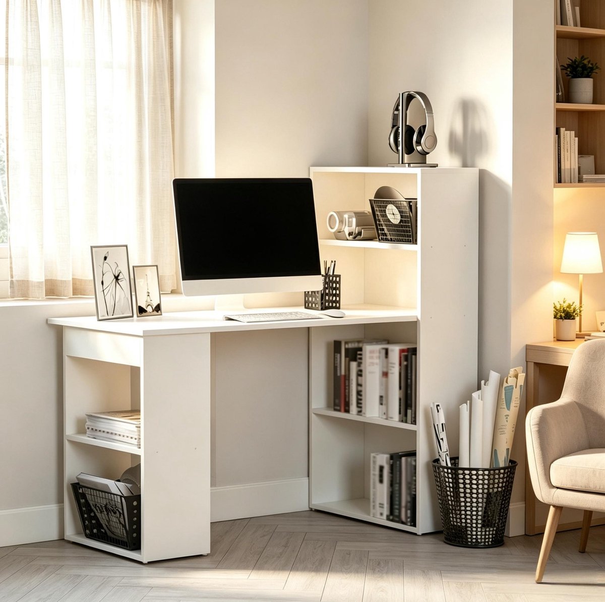 REDOM - Bureau - Met geïntegreerde boekenkast - Open opbergrekken - Modern - Thuis en kantoor - Spaanplaat - Wit - 120 x 55 x 120 cm