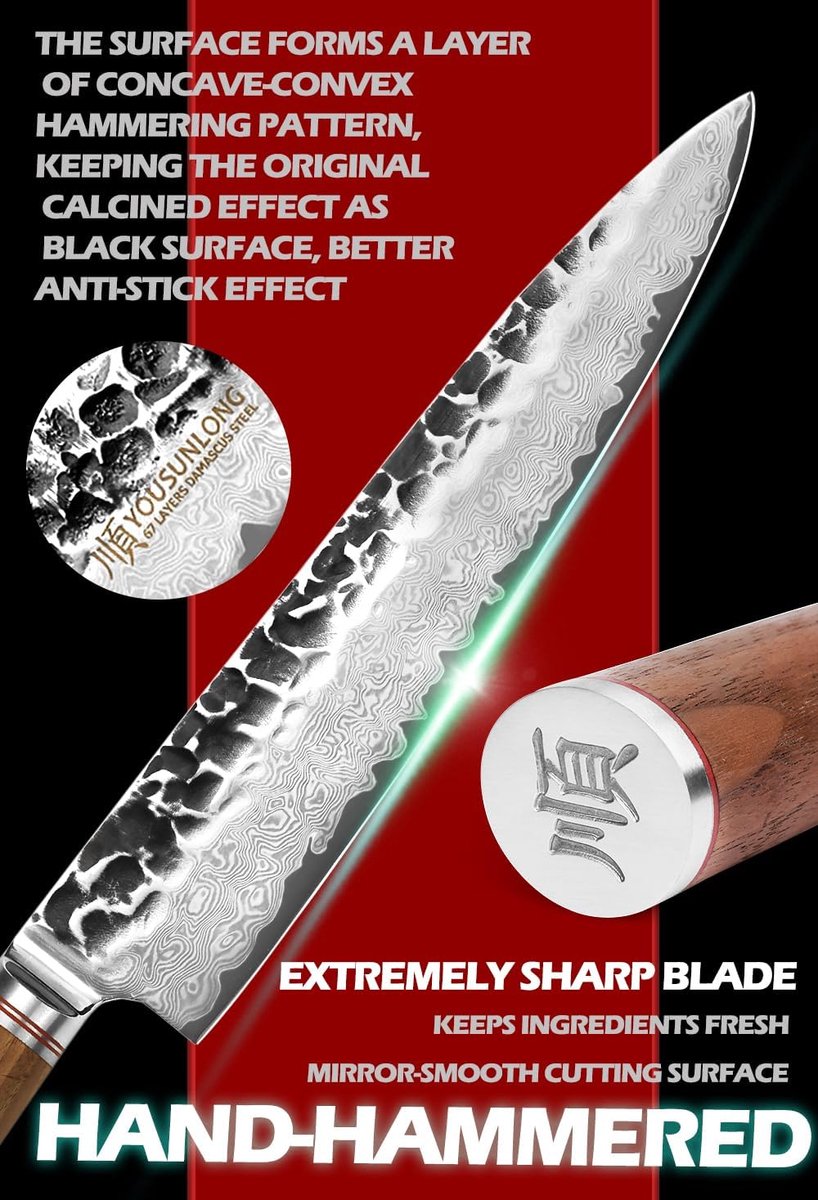 YOUSUNLONG Koksmes 10 Inch Pro Gyuto Japanse natuurlijke walnoot staal gehamerd damast stalen handvat met lederen - ShopVlot