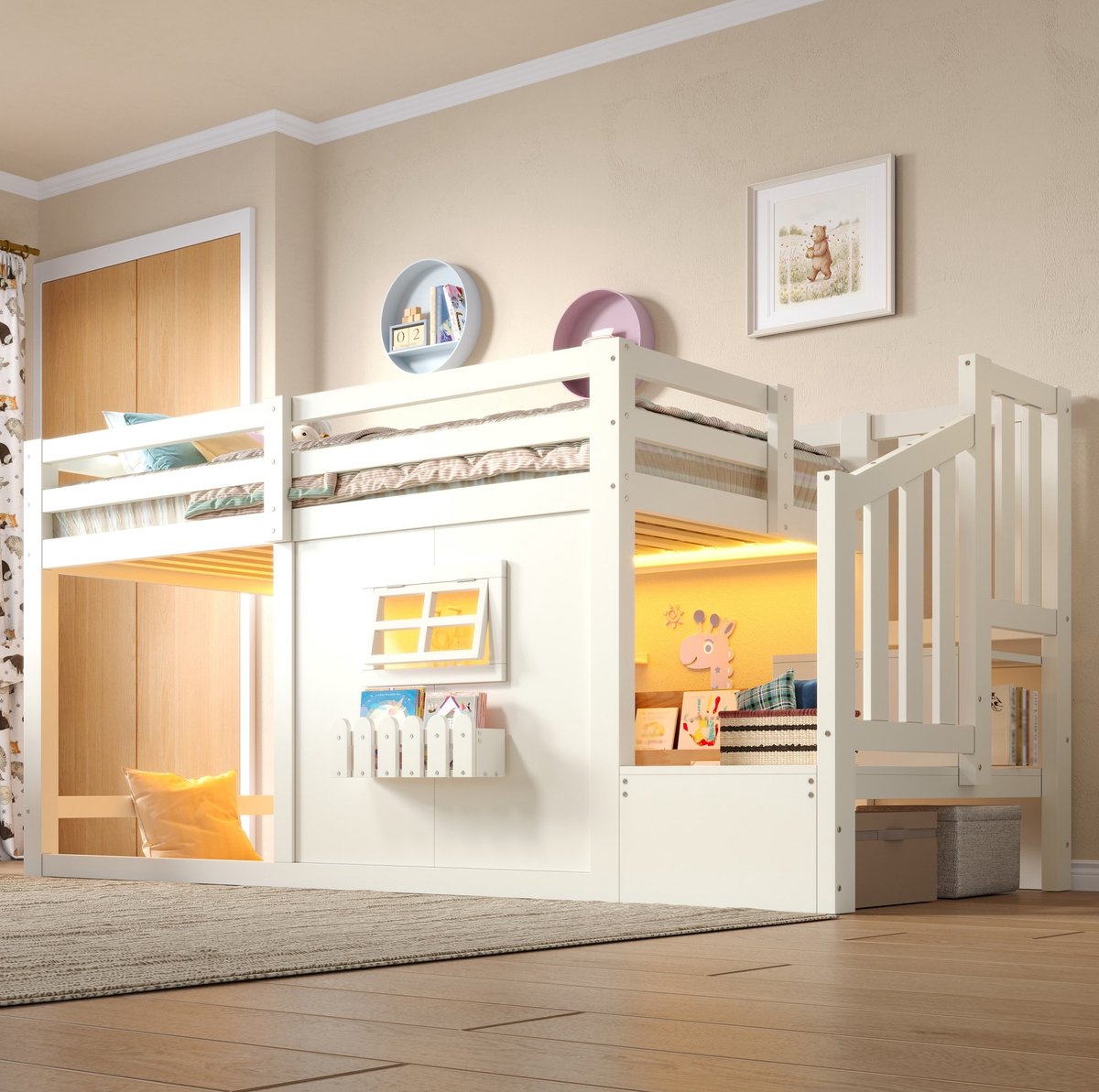 Hoogslaper 90 x 200 cm Zonder Matras Met Opbergruimte LED Verlichting En Raamontwerp Voor Kinderkamer Hout MDF Wit