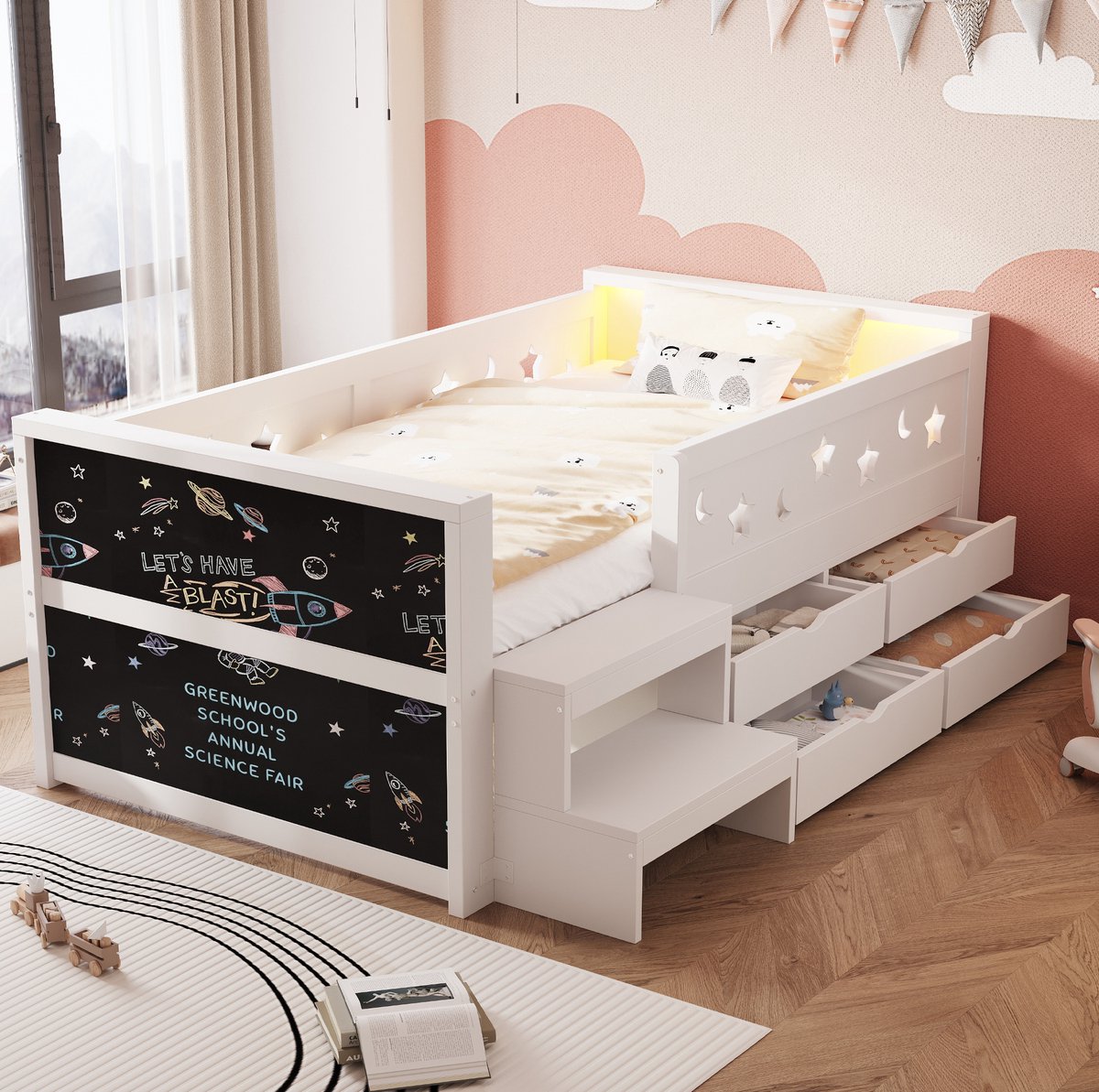 REDOM - Kinderbed - Veiligheidshekje met ster- en maanmotief - Met opberglades en trap - Met LED-verlichting en krijtbord - Kinderkamer - Hout en MDF - Wit - 204 x 114 x 67 cm