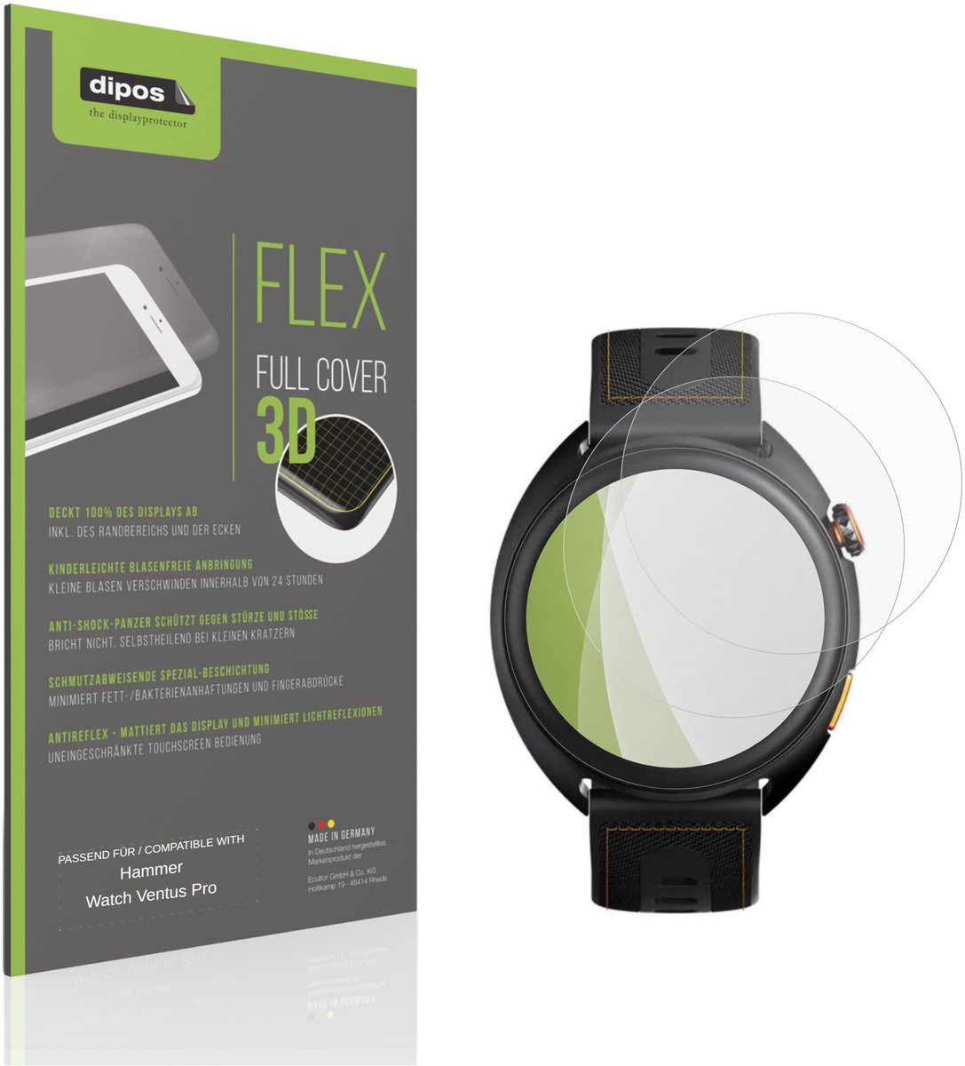 dipos FLEX – 2x Matte Screenprotector geschikt voor Hammer Watch Ventus Pro | Volledige Schermbescherming | Case-Friendly