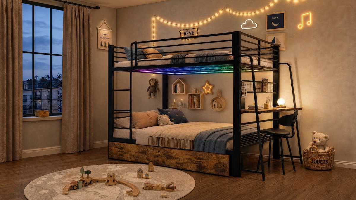 Hoogslaper 140x200 cm Zonder Matras Met Bureau En 2 Lades Led Verlichting Stopcontact Valbeveiliging En Ladder Metaal En MDF Zwart