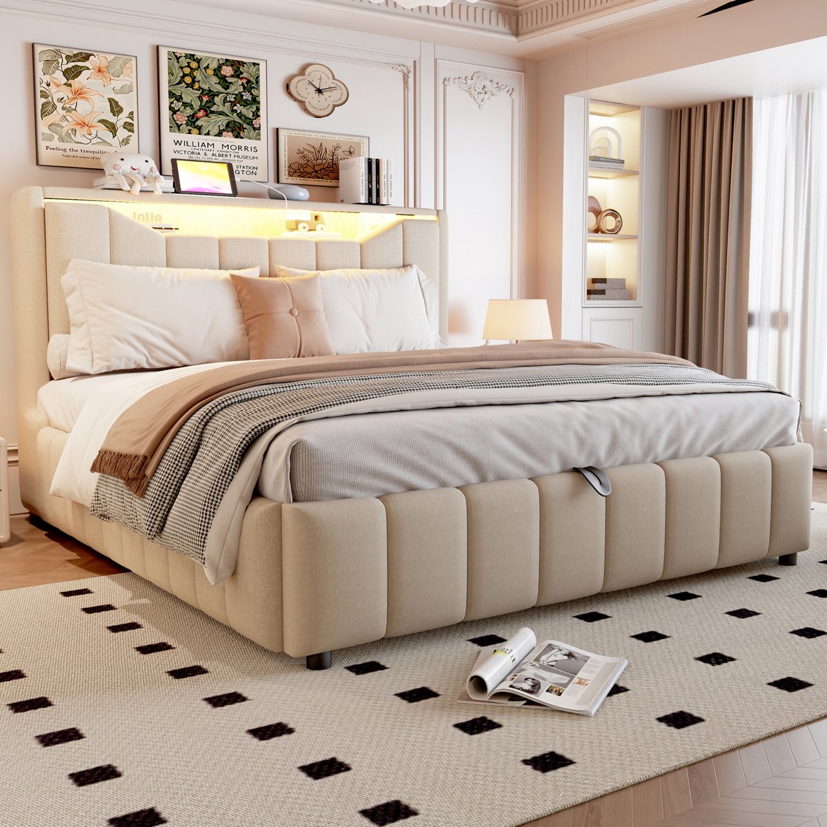 Gestoffeerd Bed 140x200 cm Zonder Matras Met Hydraulische Opbergruimte LED Verlichting USB En USB C Leinen Stoff Beige
