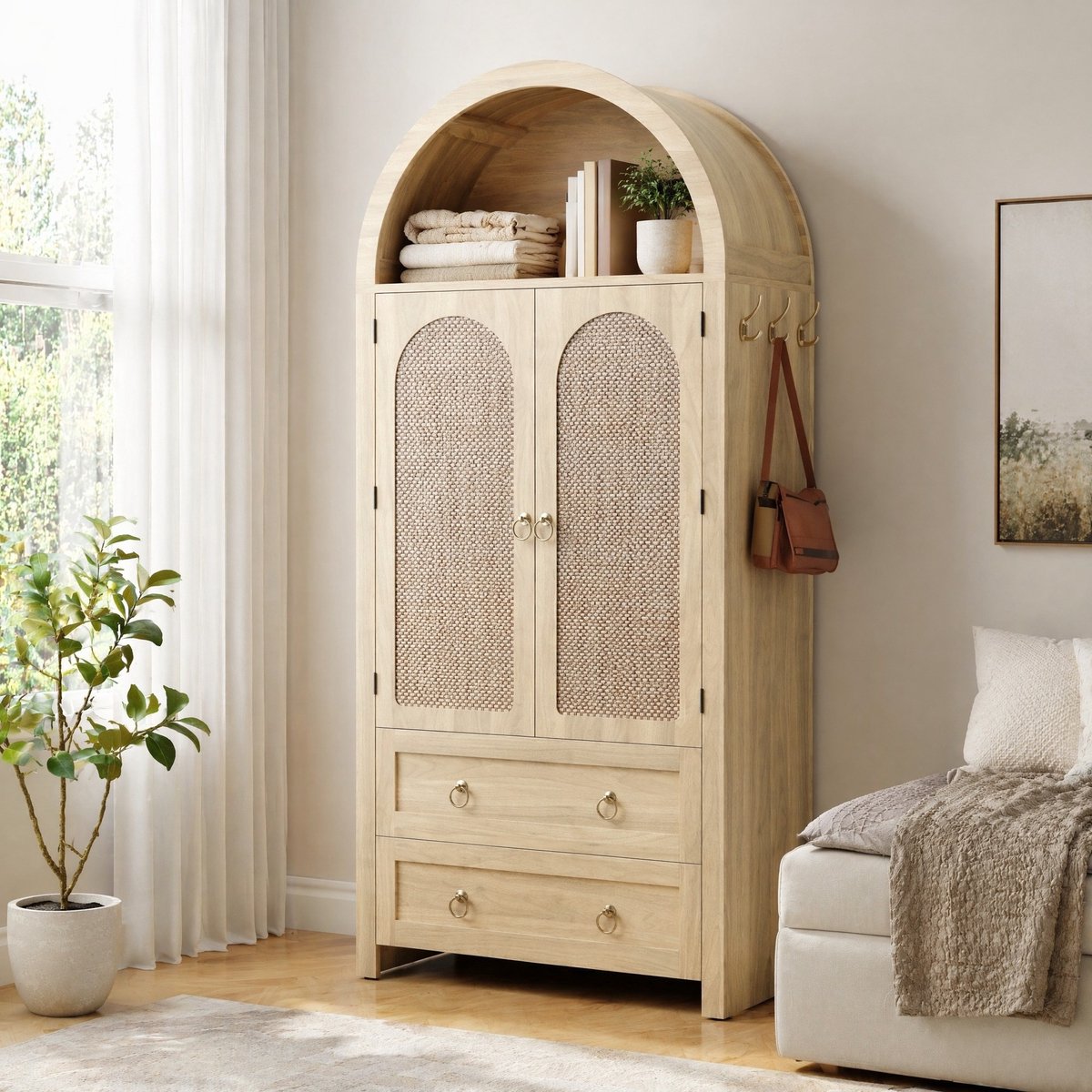 HAUSS SPOLE Dressoir Met Boogvorm En Rotan Deuren Dubbele Laden En Zijkhaken Voor Woonkamer En Slaapkamer MDF Eikenhoutkleur 80x40x180 Cm