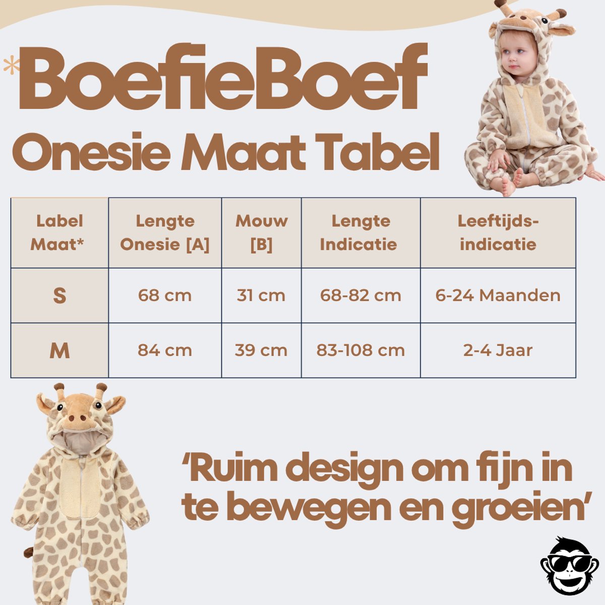 BoefieBoef Dieren Baby Onesie Giraffe Peuter Pyjama Kinderen 6 maanden tot 2 jaar – Verkleedkleding met Luierrits – Carnaval Dierenpak - Verjaardag- en Kraamcadeau – Flanel - Romper - Boxpak - Jongens - Meisjes - Kruippak - Giraf Bruin — afbeelding 3