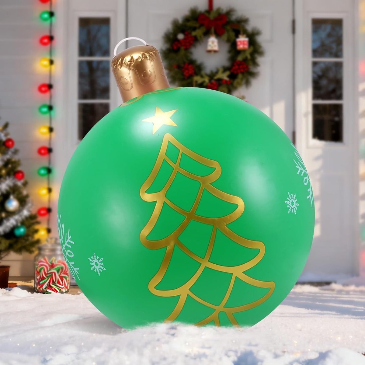 Grote Opblaasbare Kerstballen voor Buiten, Decoratie voor Tuin en Oprit, PVC Kerstversiering in Groen voor Feestdagen