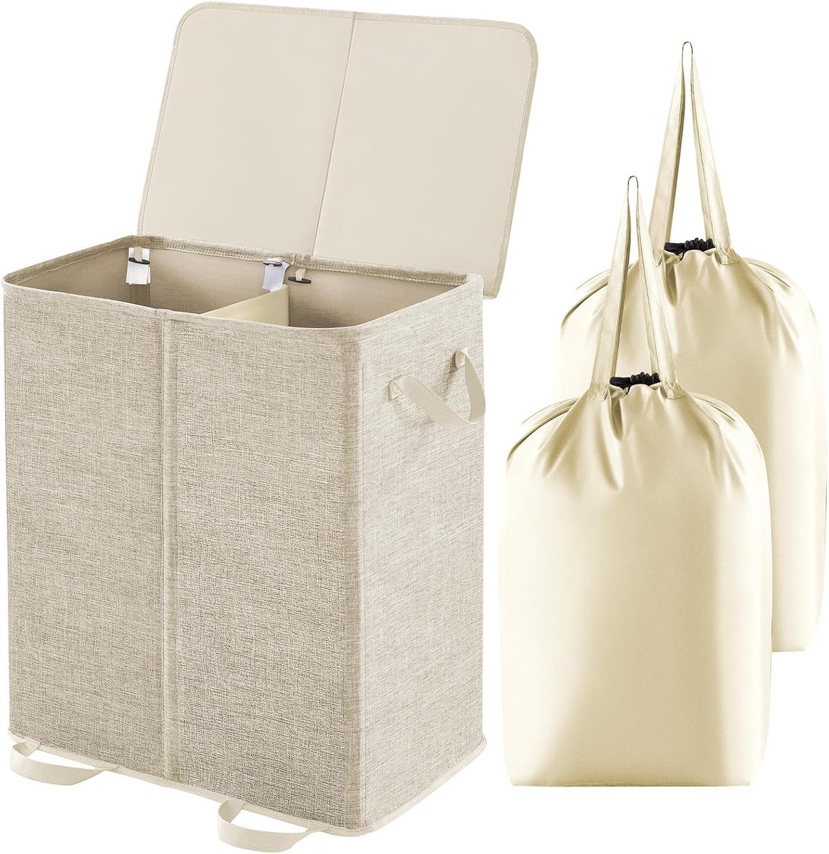 Grote Vouwbare Wasmand met Deksel en Handvatten, 136 Liter, 2 Compartimenten, Ideaal voor Badkamer, Slaapkamer en Waskamer, Beige