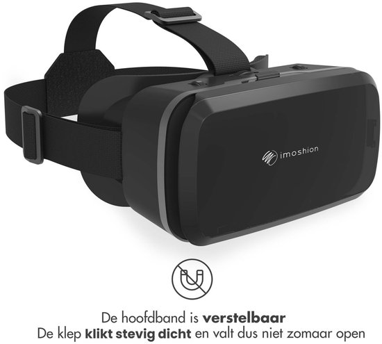Zwarte VR-bril van imoshion met verstelbare hoofdband. "De hoofdband is verstelbaar. De klep klikt stevig dicht en valt dus niet zomaar open."