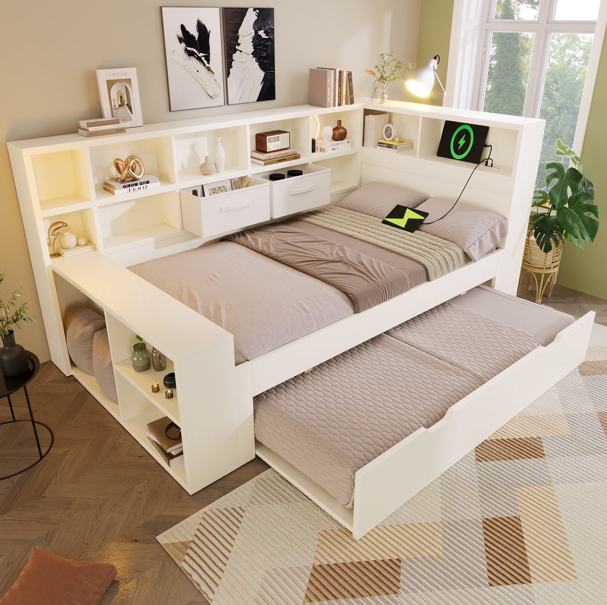 OKWISH Eenpersoonsbed 90x190 cm – Wit Houten Bed Met Uitschuifbed – USB En Type C Laadpoorten – Opbergruimte – Jeugdkamer – Zonder Matras
