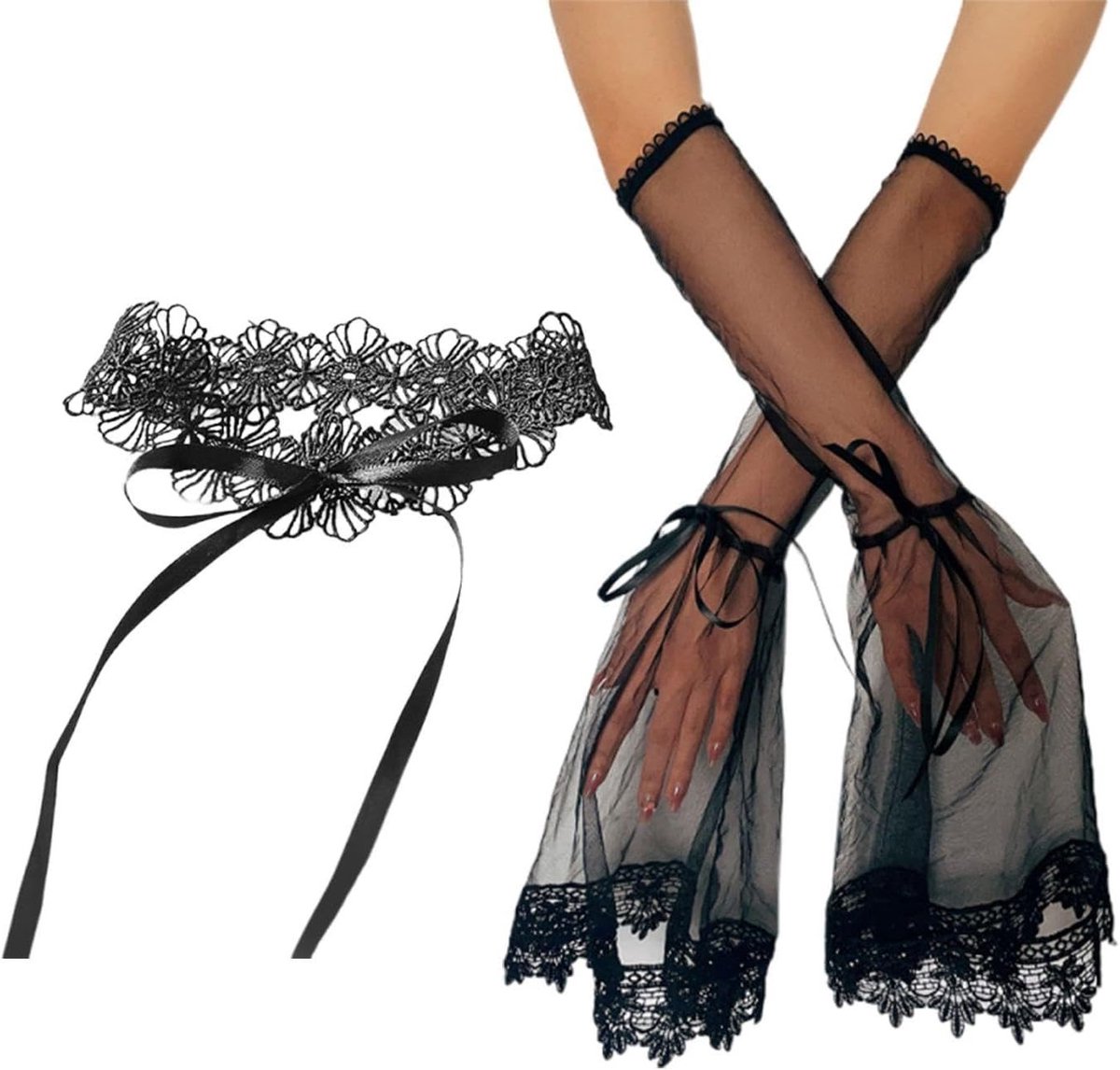 Zwarte Mouwen van Gaas en Lange Kanten Handschoenen voor Gothic Kostuums en Feestdecoratie, Modeaccessoires