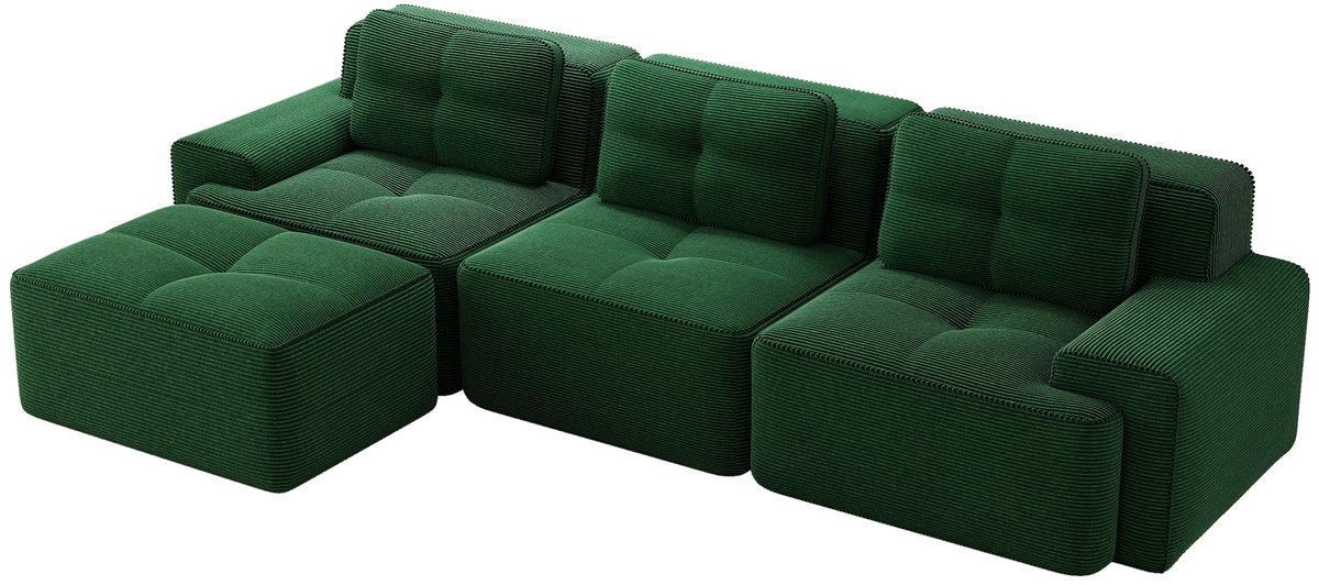 Merax L-Vormige Cloudbank 3-Zits - Groene Ribstof Loungebank 293 cm - Modulaire Bank met Hocker - Diepe Zitting - Antislip Onderzijde - Geen Montage Nodig