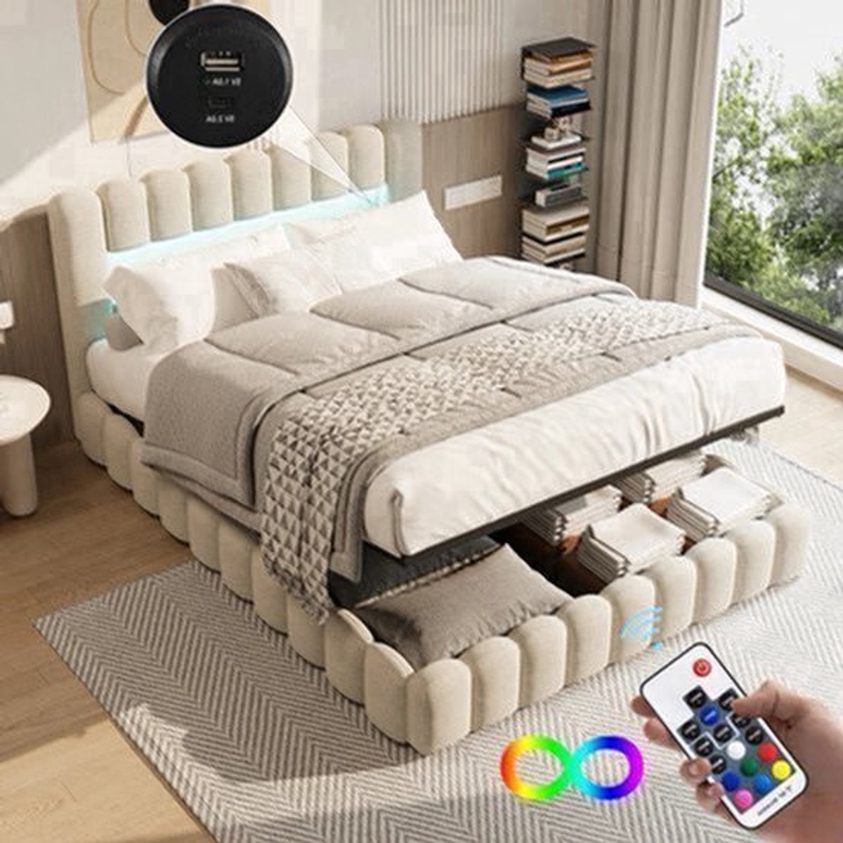 Gestoffeerd Tweepersoonsbed – Slaapbank – Bedframe – Verstelbaar Bed – Linnen Bed – 140x200 cm – LED Hoofdbord – USB Oplaadpunt
