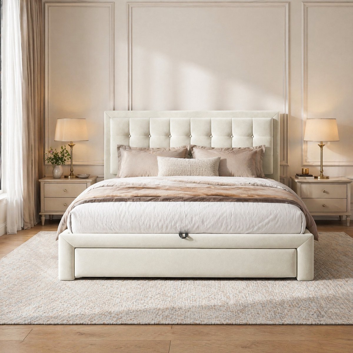 COVREO Polsterbett 140x200 cm beige met hydraulische opbergruimte en 2 lades - Tweepersoonsbed met lattenbodem en verstelbaar hoofdeinde