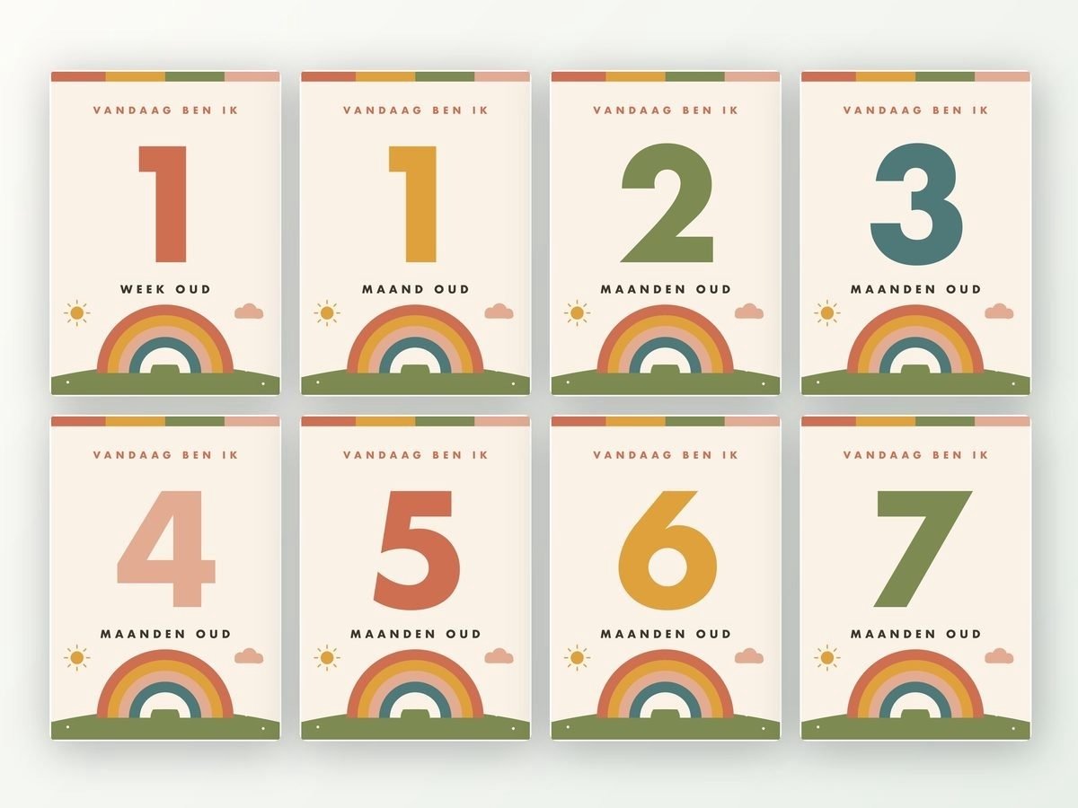 Milestone kaarten baby, 24 stuks A5 (retro regenboog)