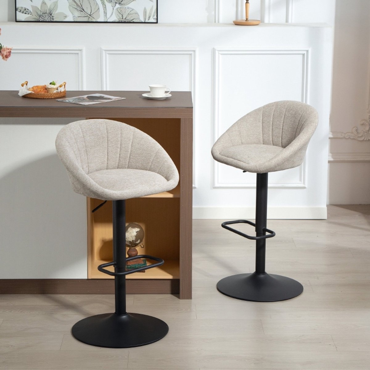 Barstoelen - Set Van 2 - Draaibaar En Hoogteverstelbaar Met Rugleuning En Armleuningen - Voor Keuken En Huisbar - Stof Beige