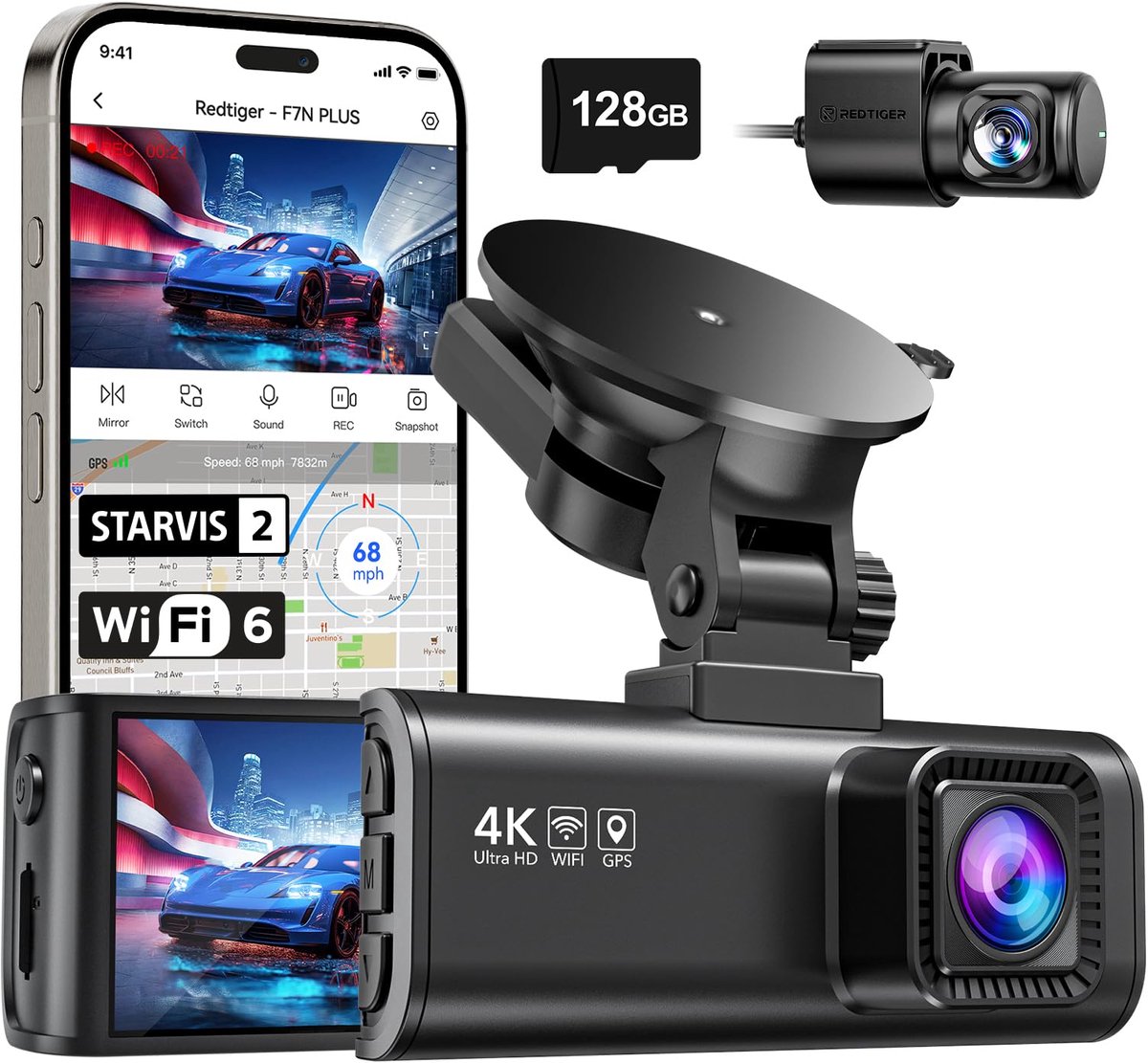 Dashcam 4K – Voor- en Achtercamera – WiFi & GPS – Nachtzicht – 170° Groothoek – 3,18 inch Scherm