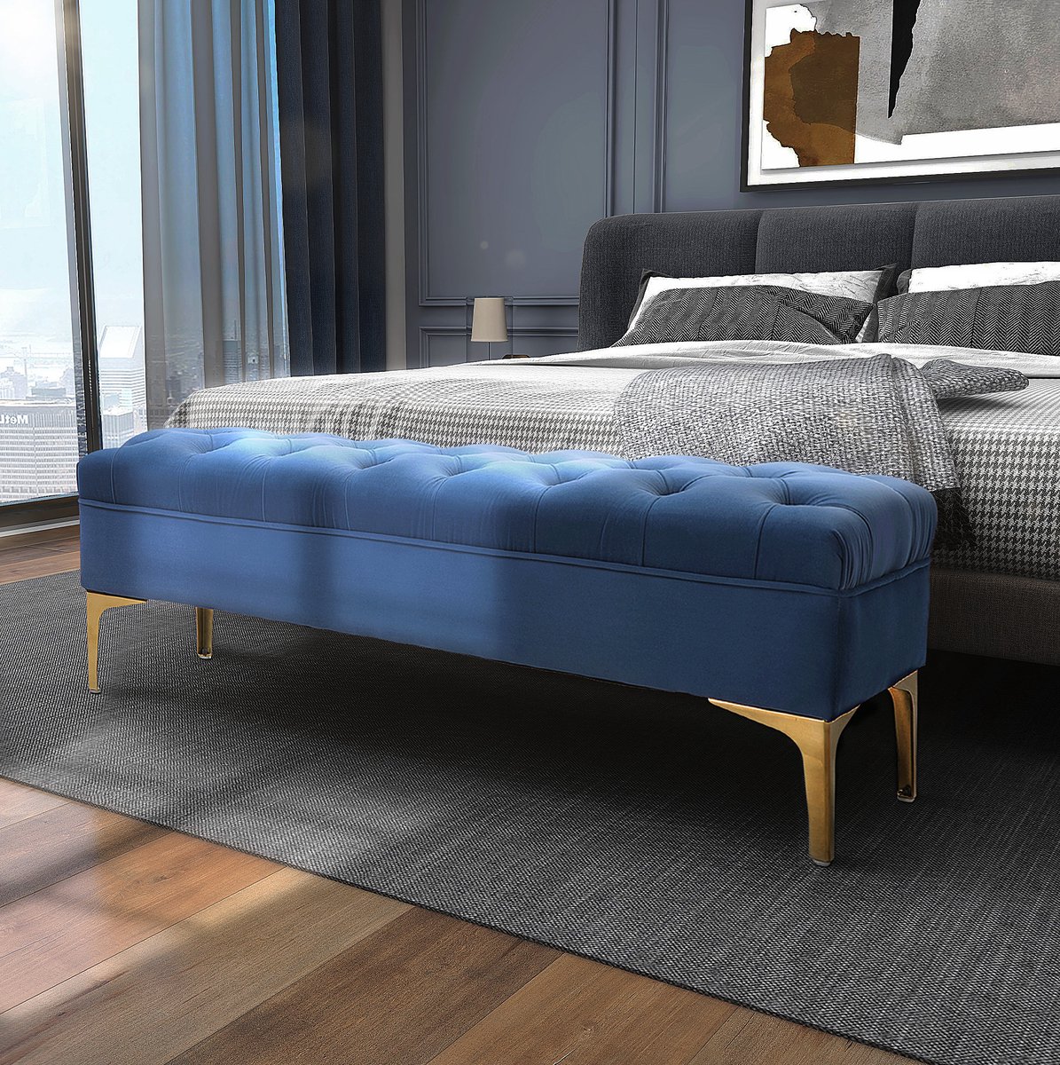 MODFU-Bank-Bedbank-Blauw-Gouden Benen-Fluweel-118 X 45 X 42 Cm