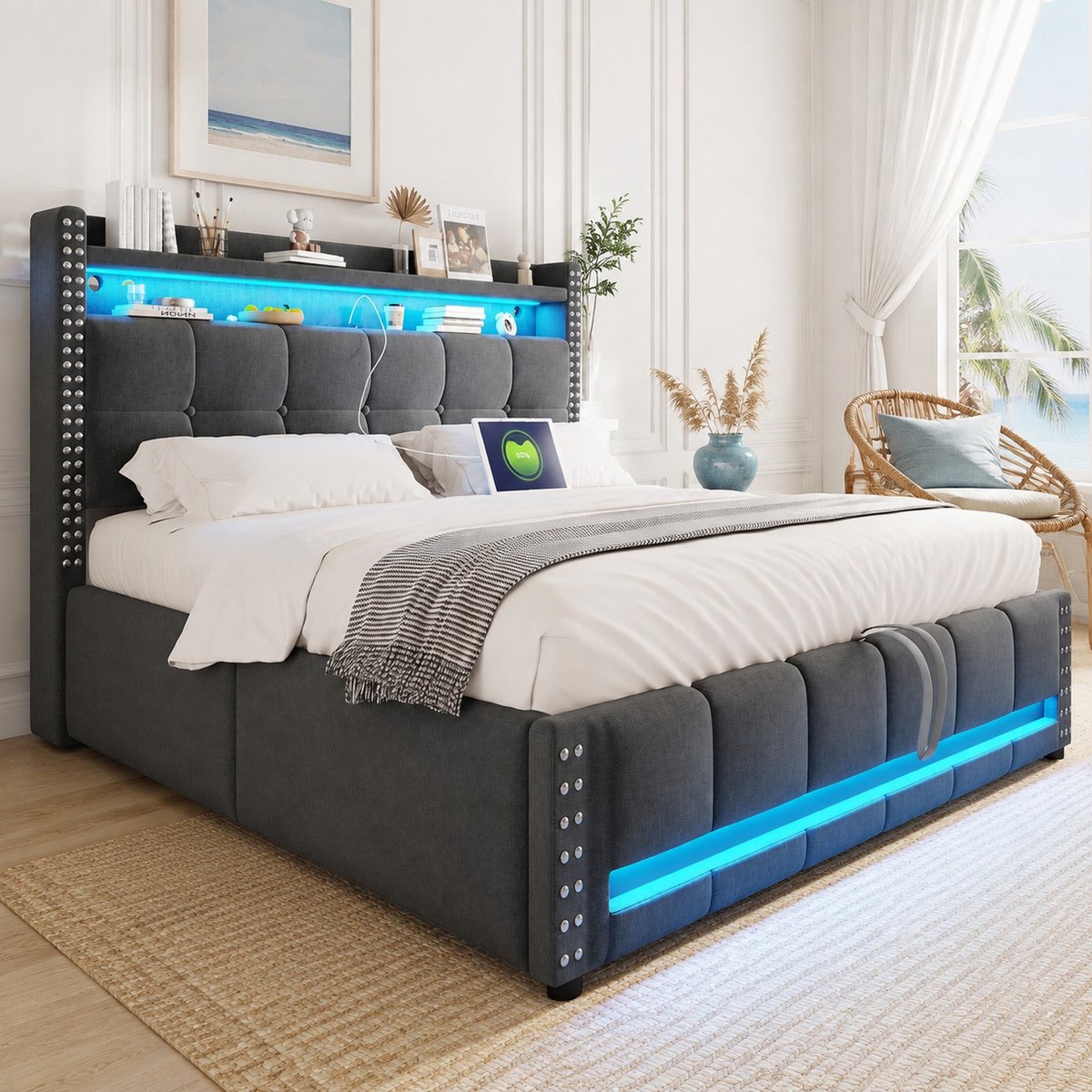 Gestoffeerd bed 140x200cm met LED-verlichting en USB-aansluiting, opbergruimte in het hoofdeinde, hydraulisch systeem, grijze leinenstof