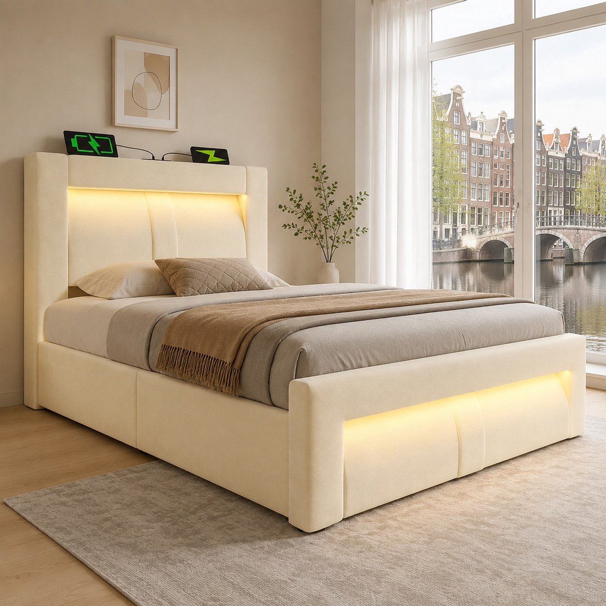 WUVRIE Einzelbett 90x200 cm met opbergruimte, hydraulisch bed, LED-be lighting met app-sturing, USB & Type-C laadpunten, Samt, gebogen hoofdeinde, beige - zonder matras