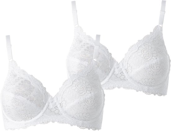 Twee witte kanten bh's met beugel en verstelbare bandjes.