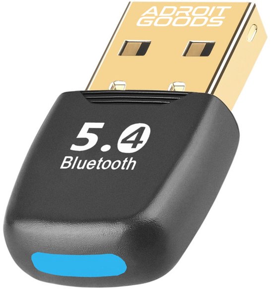 Close-up van een zwarte AdroitGoods Bluetooth 5.4-adapter met een gouden USB-aansluiting en blauwe statusindicator.