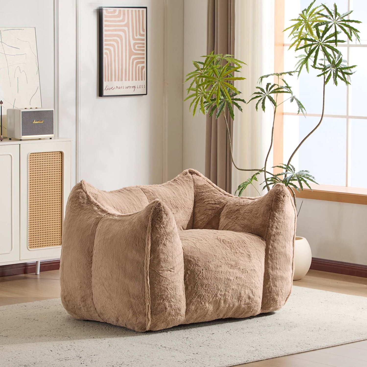 COVREO Fauteuil met bijpassende hocker – 126x100,5x75 cm – Loungestoel met pluche stof – Loungemeubel voor kleine ruimtes – Khaki