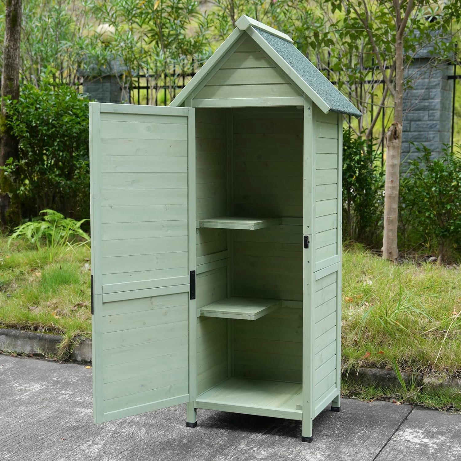 Tuinkast Hout voor Buiten - Houten Gereedschapskast met 3 Legplanken & Waterdicht Groen Asfaltdak - Weerbestendige Berging Grijs - 71.5x52x170.5 cm - Laura Homestore
