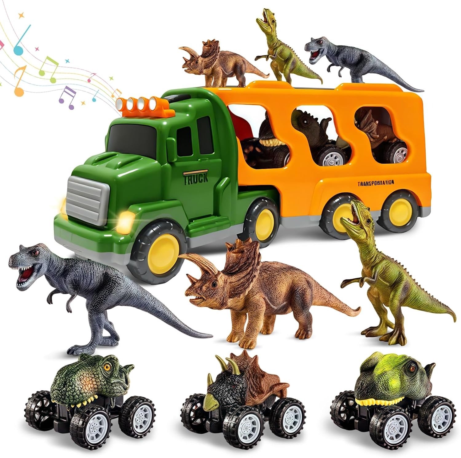 Dinosaurus Transport Speelgoed Vrachtwagen – Terugtrekbaar Voertuig met Dinosaurus Container – Opbergauto Model met Verlichting en Muziek – Verjaardagscadeau voor Jongens en Kinderen