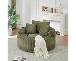 COVREO Ronde zitzak met 3 kussens – 142x142x63 cm – Loungestoel met 2 bekerhouders – Relaxstoel met zijvak – Groen