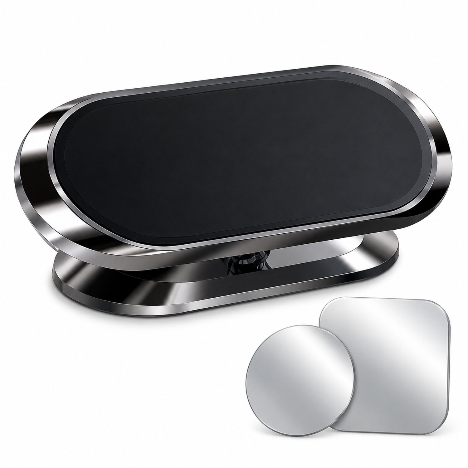 Telefoonhouder voor in de auto met magnetische bevestiging, zelfklevende voet, 360° draaibaar, aluminiumlegering en 2 magnetische plaatjes