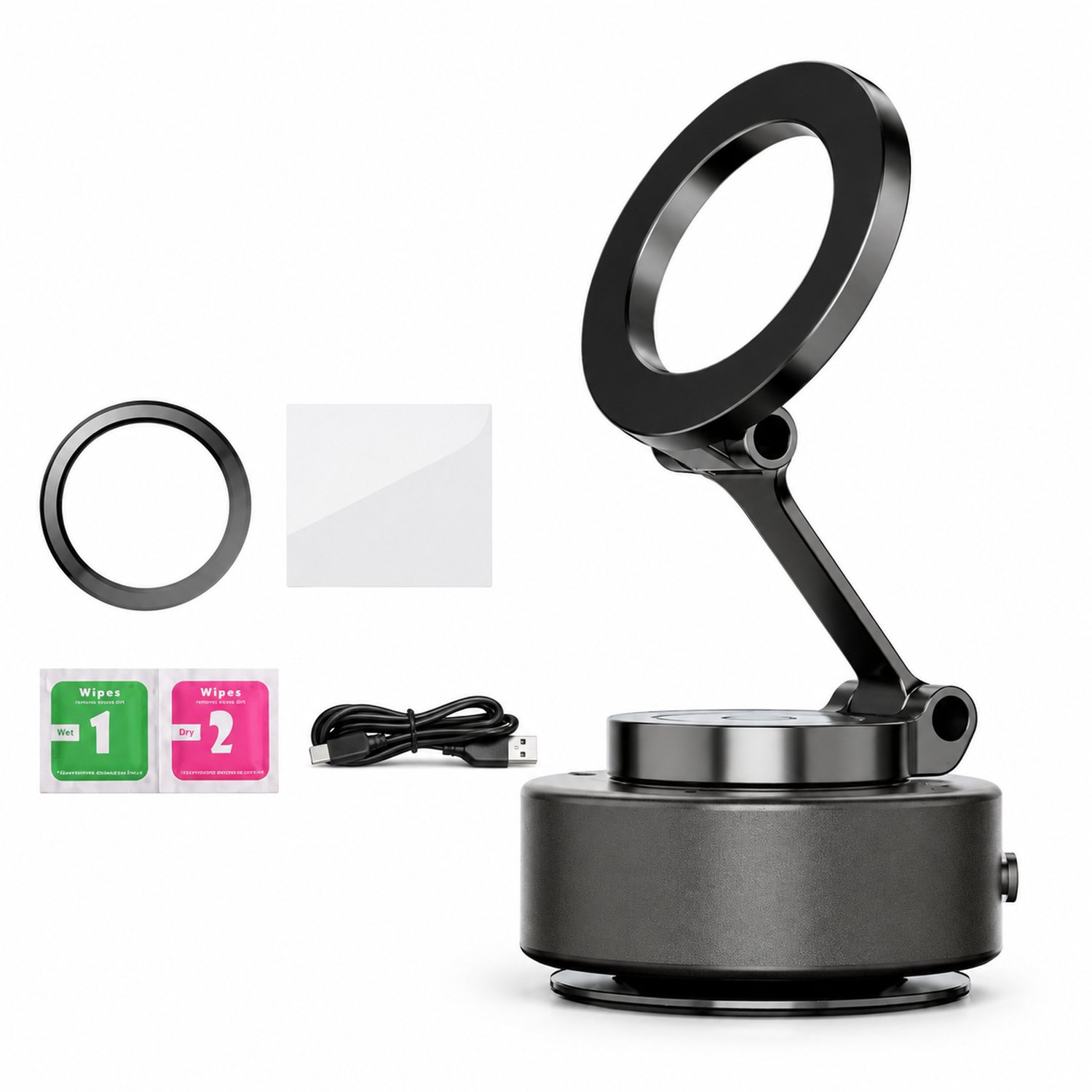 Telefoonhouders auto: magnetische telefoonhouder met elektrische vacuümvoet voor het dashboard en een drieassige arm