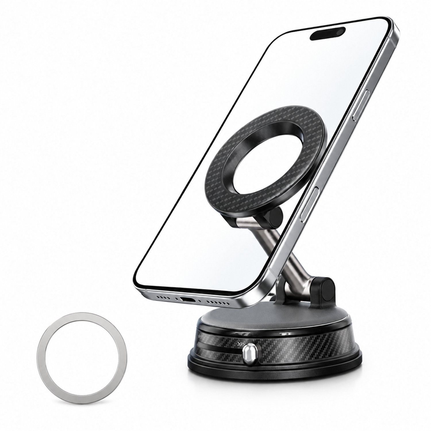 Magnetische telefoonhouder voor in de auto, draaibaar en met zuignapbasis, zwart