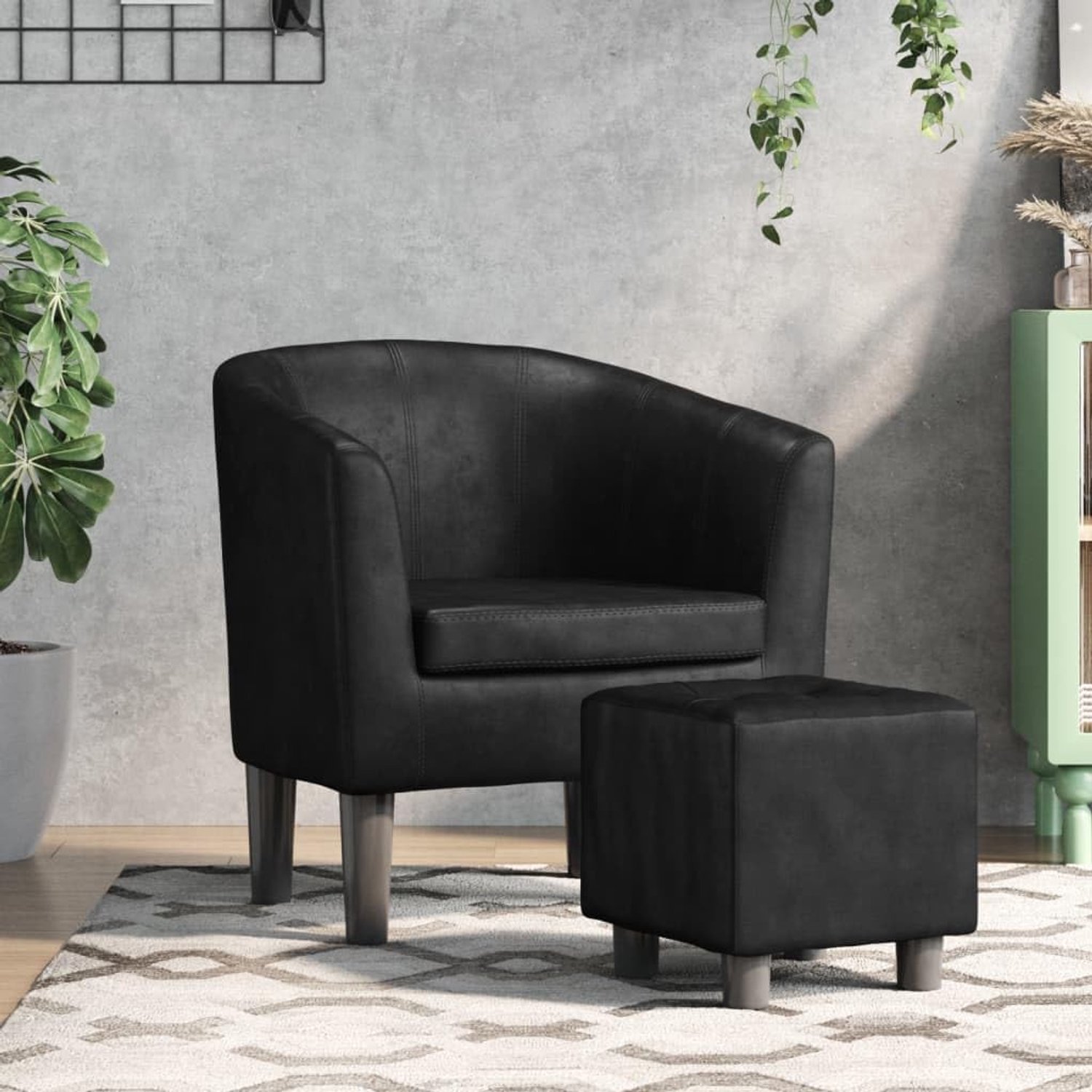 Luxe Modern Kunstleren Clubfauteuil met Hocker & Voetenbank - PU-Lederen Armstoel Set (55,9x70,1x68,1 cm) - Zwart