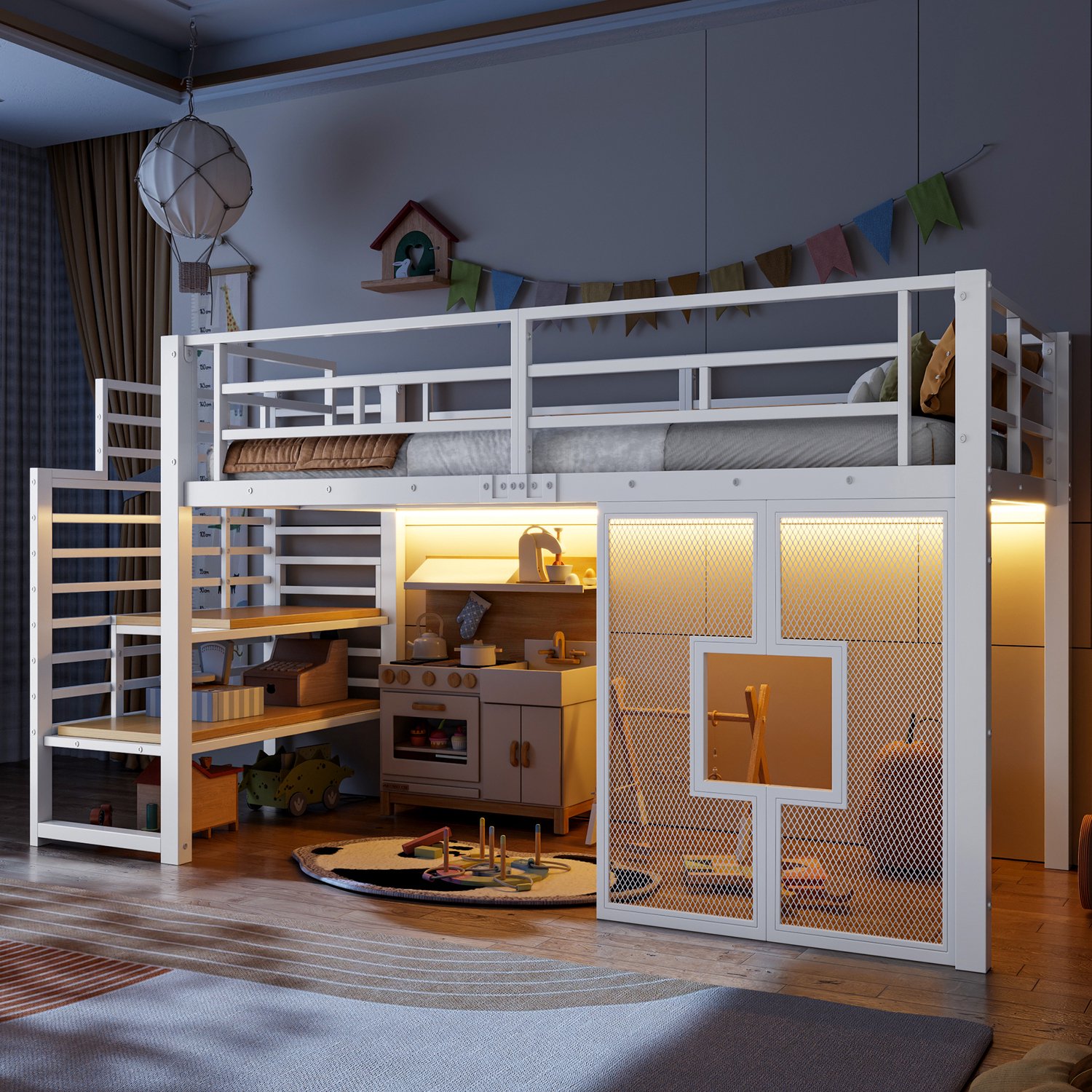 Kinderbed, Eenpersoonsbed, 90x200 cm grote metalen hoogslaperframe met trap, opbergruimte, LED-verlichting en ramen, Wit