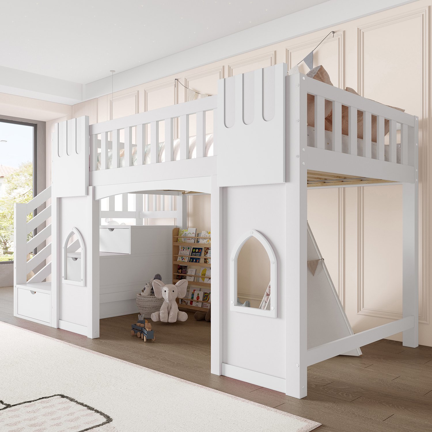 Zubaliya Kinderbed, Eenpersoonsbed, 90 x 200 cm Hoogslaper met opbergtrap en raam, Wit