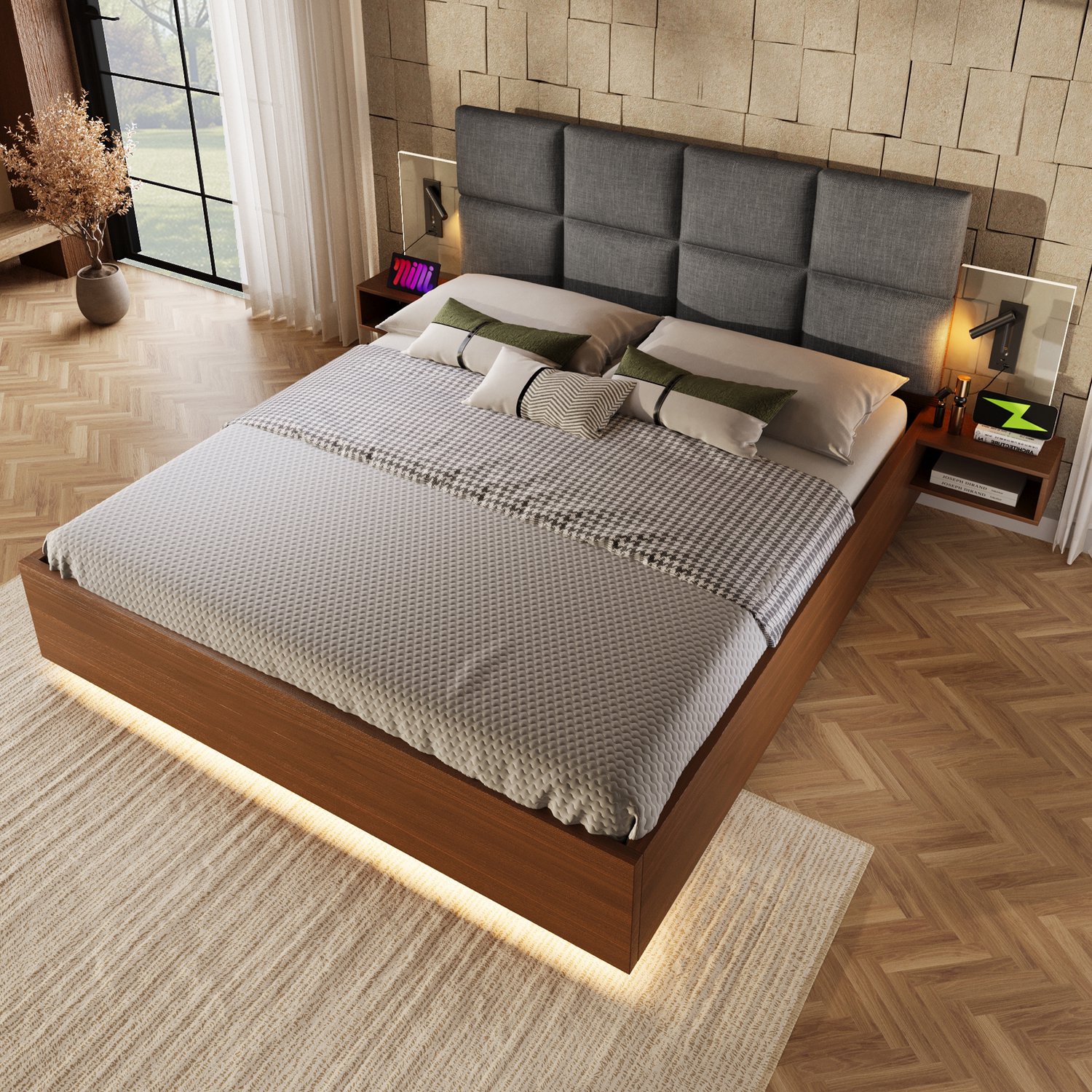 COVREO Tweepersoonsbed met nachtkastjes – 160x200 cm – Bedframe met lattenbodem – USB en leeslampen – Walnoot/grijs - zonder matras