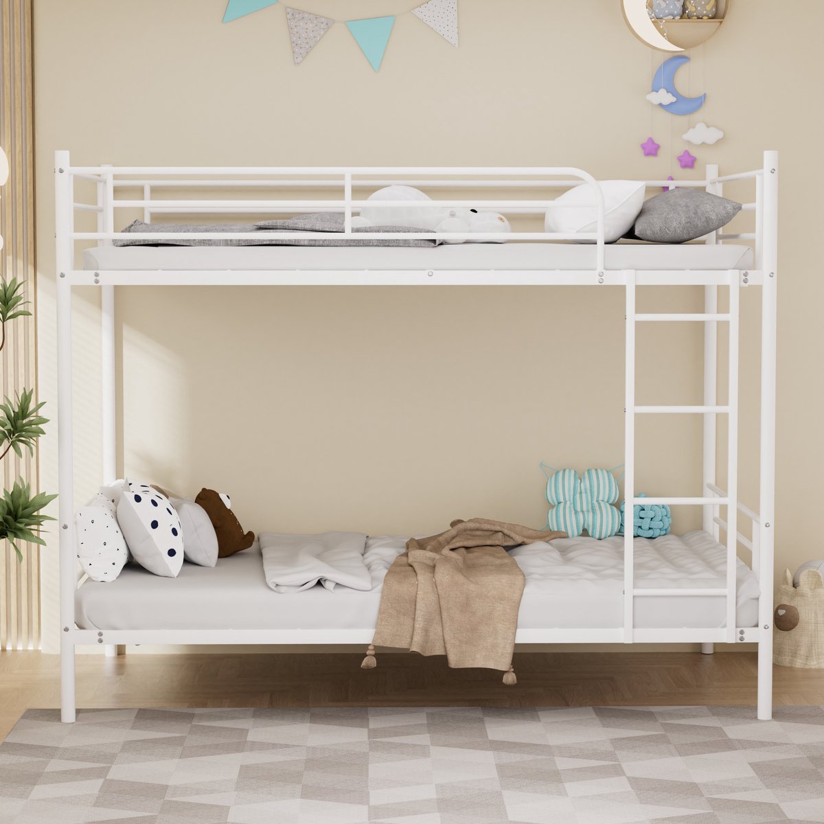 REDOM - Stapelbed - Metalen frame - Hoge uitvalbeveiliging - Met trap aan korte zijde - Moderne stijl - Kinderkamer - Metaal - Wit - 90 x 190 cm