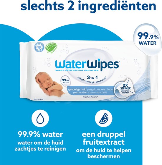 WaterWipes vochtige doekjes met 99.9% water voor gevoelige babyhuid. Met afbeelding van slapende baby.