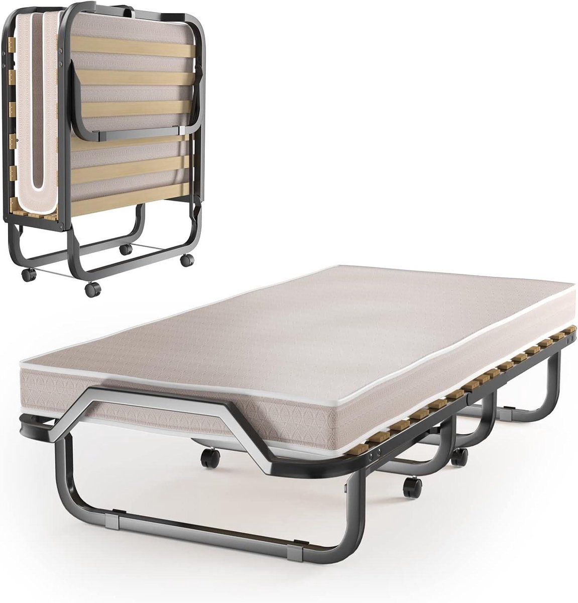 Vouwbed met Matras - Logeerbed Extra Bed - Gasten Ontvangen - Robuust Stalen Frame - 200 x 90 cm - Beige