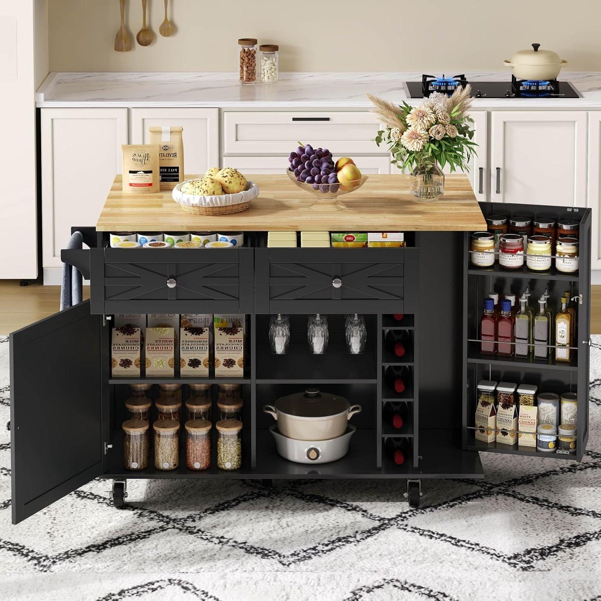 Keukenbuffet - Dressoir Trolley - Keuken Organiseren - Inklapbaar Werkblad - 138 cm - Zwart