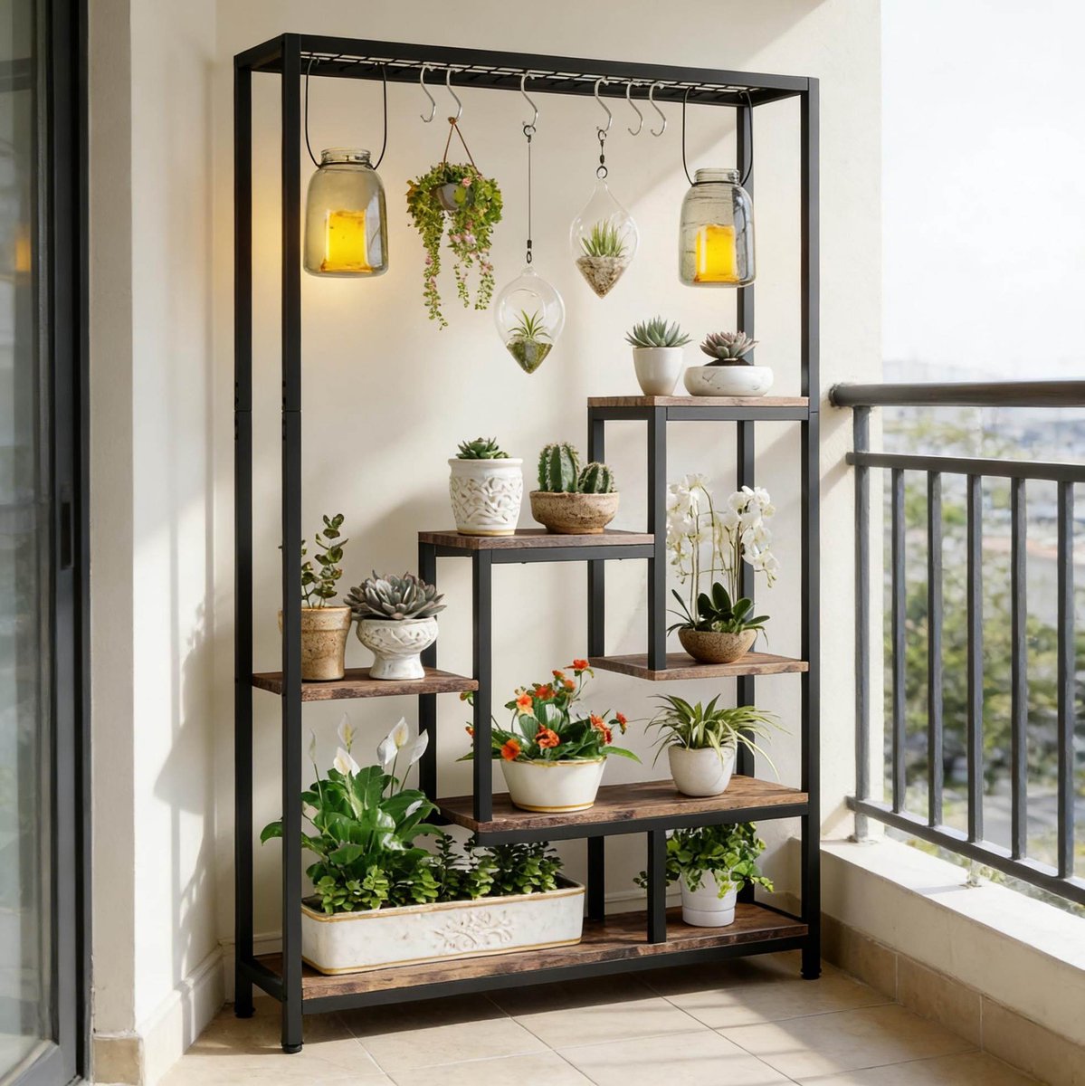 MODFU - Plantenstandaard - Ladderkast - Industrieel - Zwart - Bruin - 100 X 30 X 180 Cm
