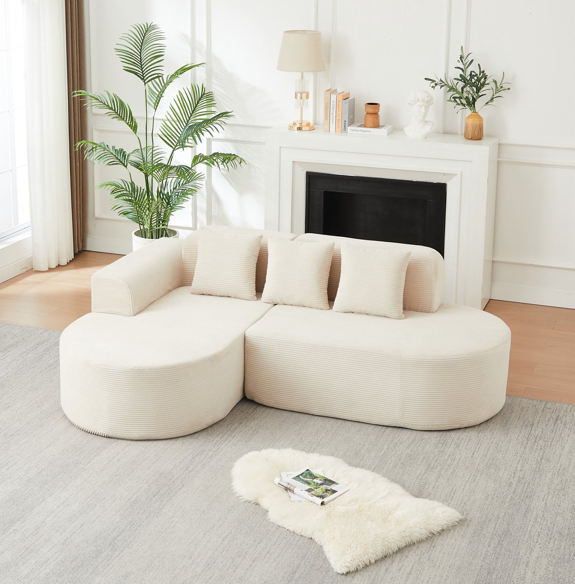MIVRAY Hoekbank 220 Cm - Modulaire L Vorm Met 3 Kussens En Gebogen Armleuningen - Voor Woonkamer En Speelkamer - Stof Beige