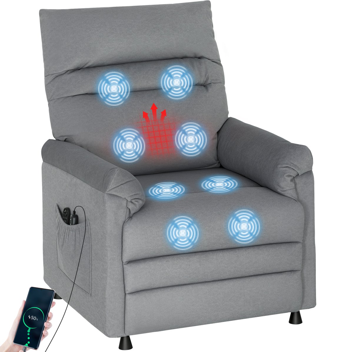 Homcom Massagestoel Elektrisch met Verwarming en Voetensteun - Relaxstoel - Fauteuil - Grijs