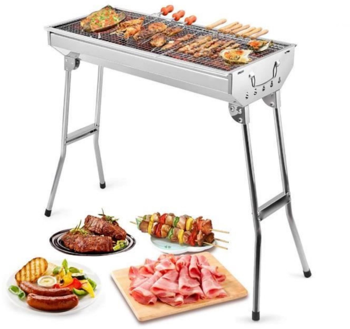 M-Goods Grill RVS Opvouwbaar - BBQ Grillrooster Buiten - Houtskool Barbecue - Stabiele Poten - Zilver