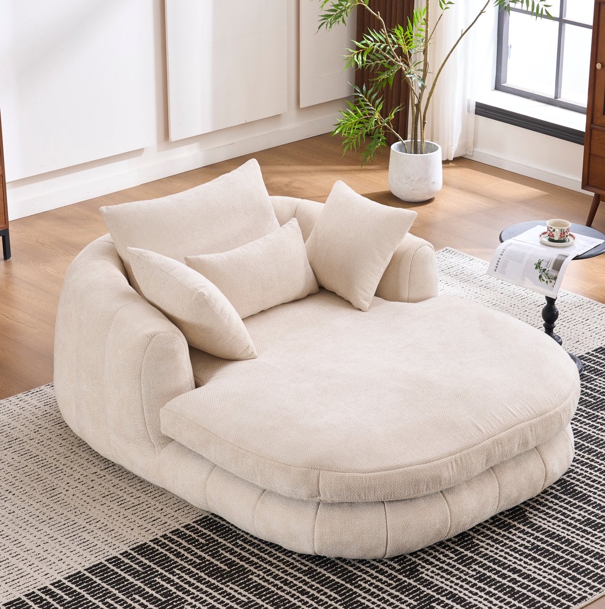 FloraGrace Chaise Longue 184,5 x 145 x 76,5 cm - Diepe Zitting Van Chenille Met Kussens - Voor Woonkamer Of Slaapkamer - Hout - Wit